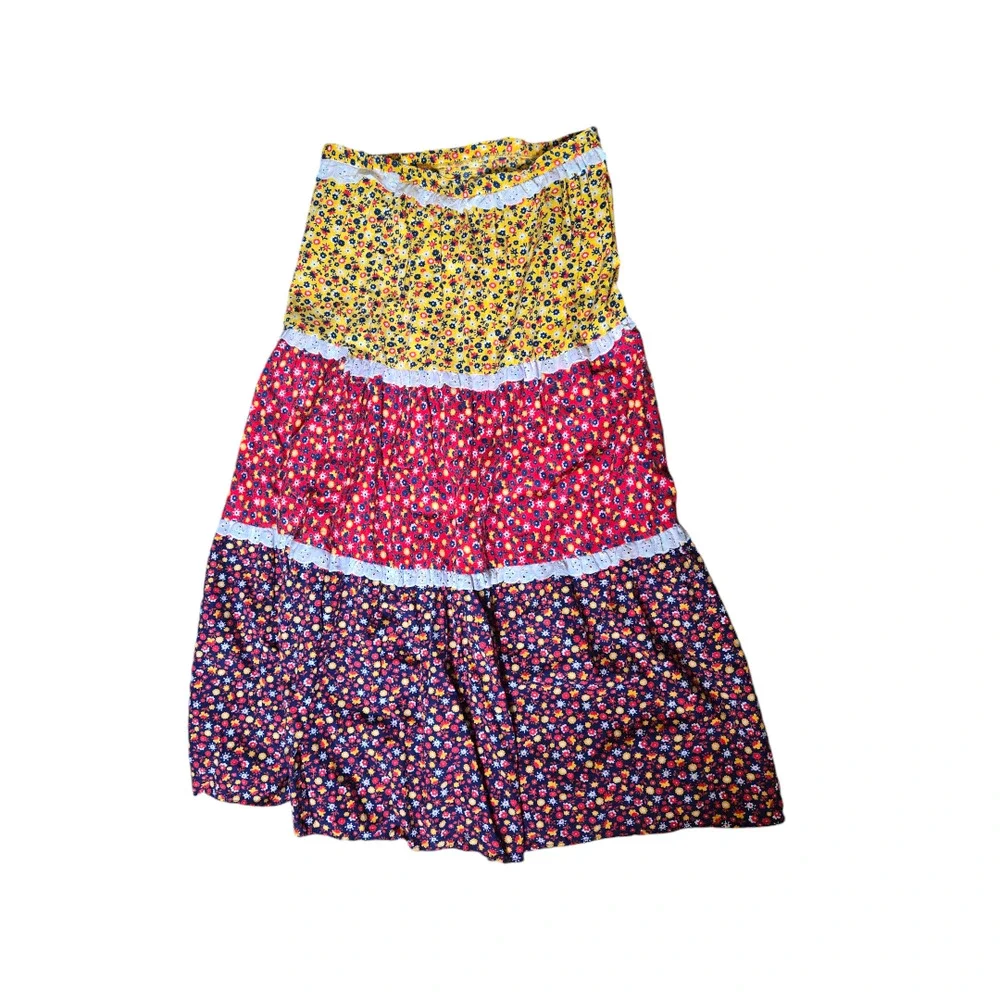 Vintage 70s Prairie Maxi Skirt Boho‎ Calico Floral Patchwork Tiered Lace